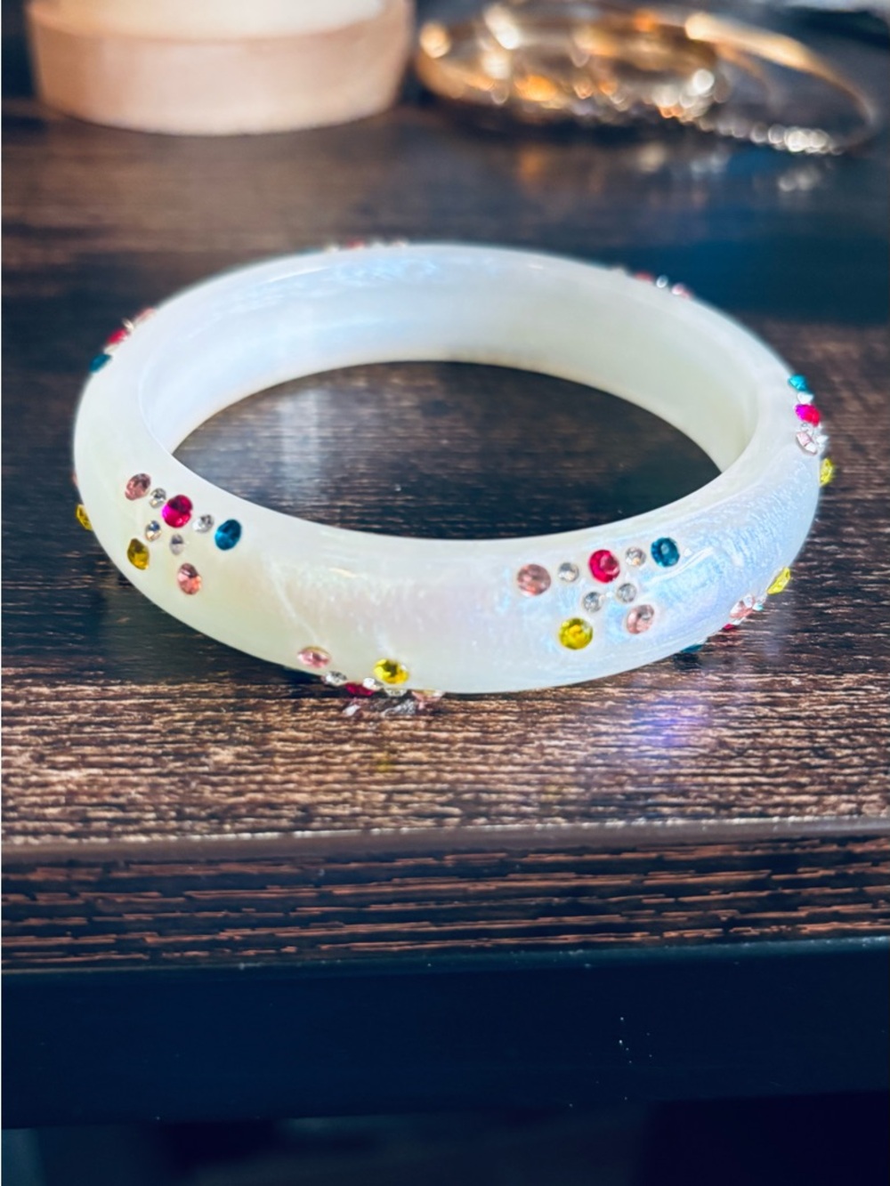 Iridescent White Bangle with Multicolor Rhinestones